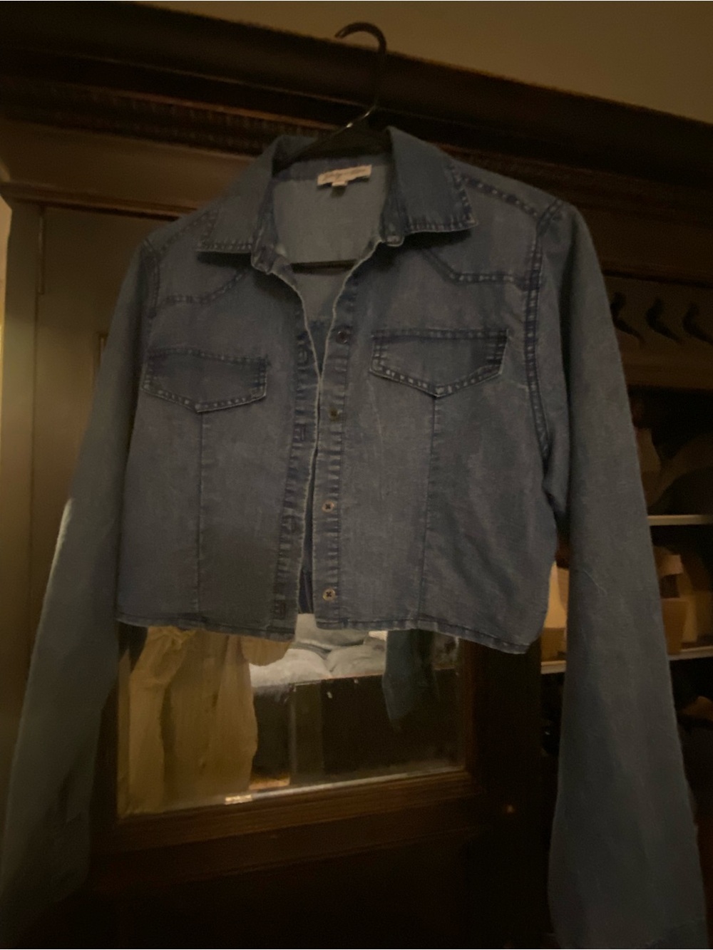Cropped Denim Button-Up Jacket Top- Blue